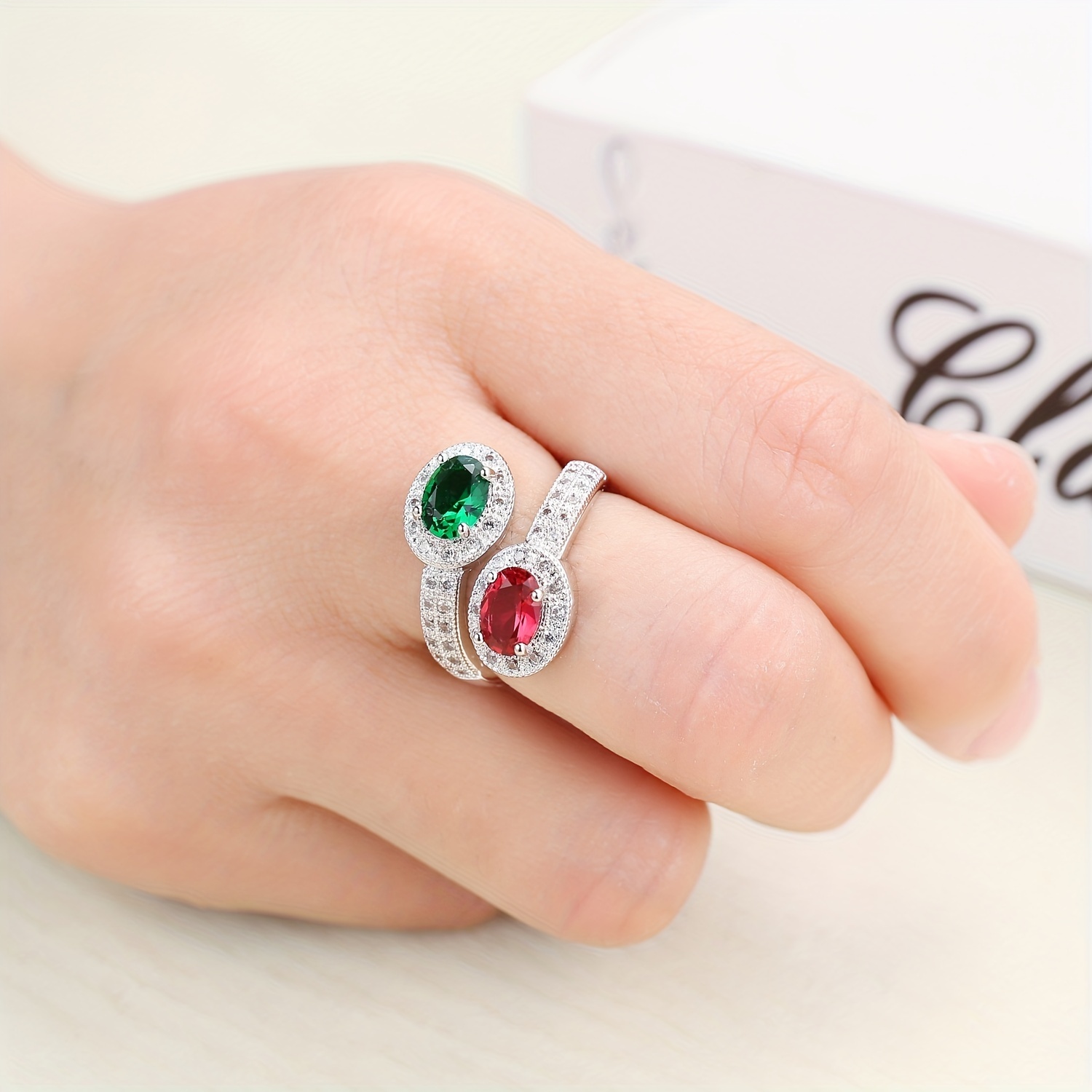 Boho Unisex Wedding Proposal Ring Red & Green Zircon Copper Band